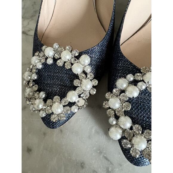 Deimille Jeweled Pearl Embellished Heels Size 38 US 8 Metallic Denim Blue - Picture 7 of 7